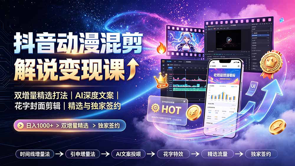 抖音动漫混剪解说变现课：双增量精选打法｜AI深度文案｜花字封面剪辑｜ 精选与独家签约日入1000+-91副业网