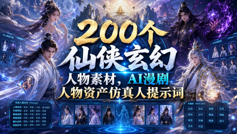 200个仙侠玄幻人物素材，AI漫剧人物资产仿真人提示词-91副业网