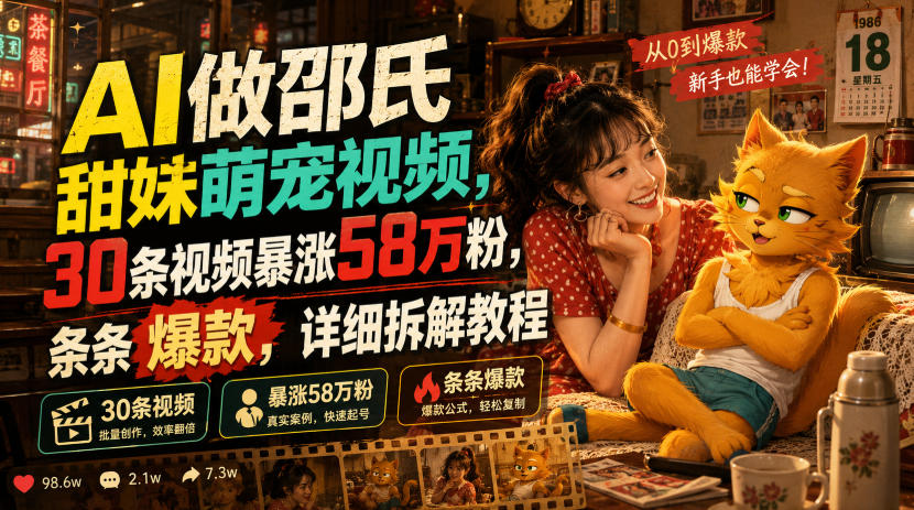 AI做邵氏甜妹萌宠视频，30条视频暴涨58万粉，条条爆款，详细拆解教程-91副业网