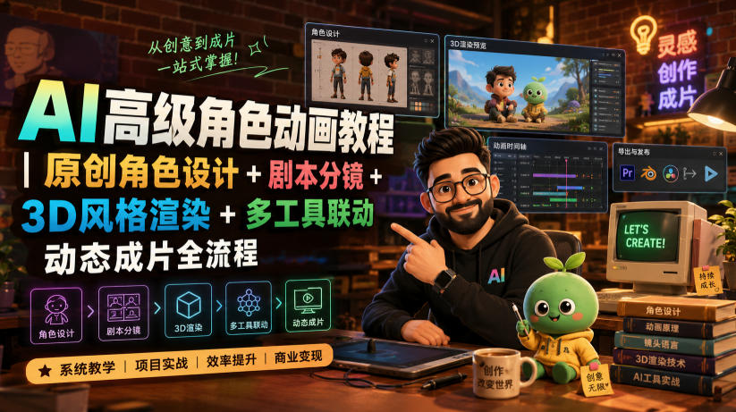 AI高级角色动画教程｜原创角色设计+剧本分镜+3D风格渲染+多工具联动动态成片全流程【中英字幕】-91副业网