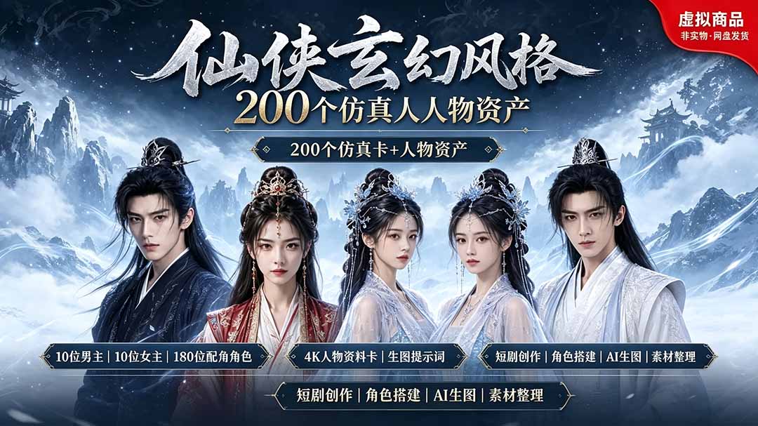 200个仙侠玄幻仿真人素材◆10男主×10女主×180配角,4K资料卡+AI生图提示词,漫剧必备-91副业网