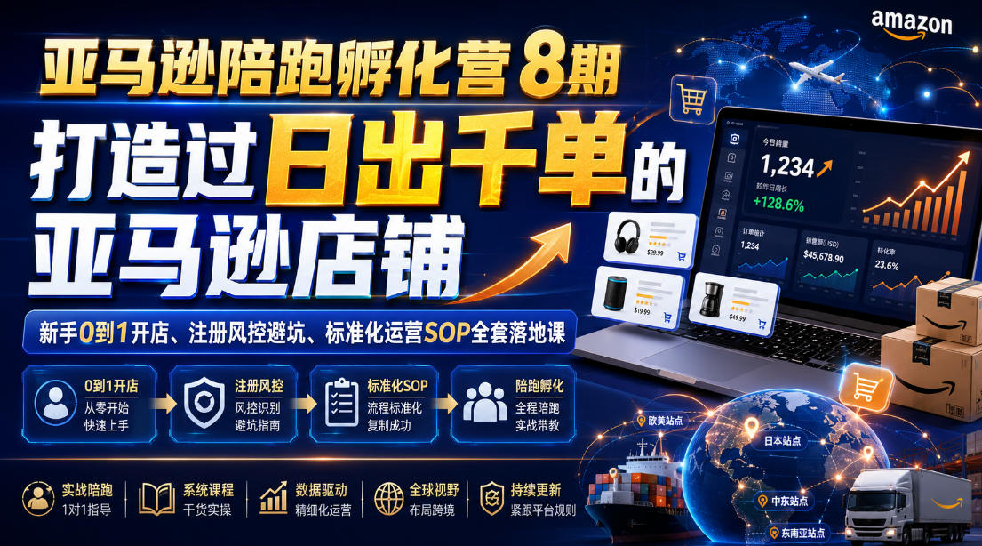 亚马逊陪跑孵化营8期，打造过日出千单的亚马逊店铺，新手0到1开店、注册风控避坑、标准化运营SOP全套落地课-91副业网
