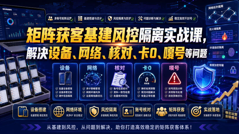 矩阵获客基建风控隔离实战课,解决设备、网络、核对、卡0、嘎号等问题-91副业网
