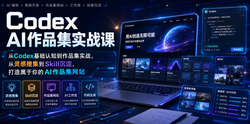 Codex AI作品集实战课,从Codex基础认知到作品集实战,从灵感搜集到Skill沉淀,打造属于你的AI作品集网站-91副业网