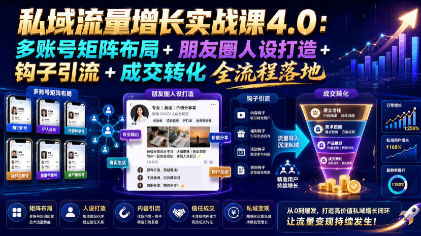 私域流量增长实战课4.0：多账号矩阵布局+朋友圈人设打造+钩子引流+成交转化全流程落地-91副业网