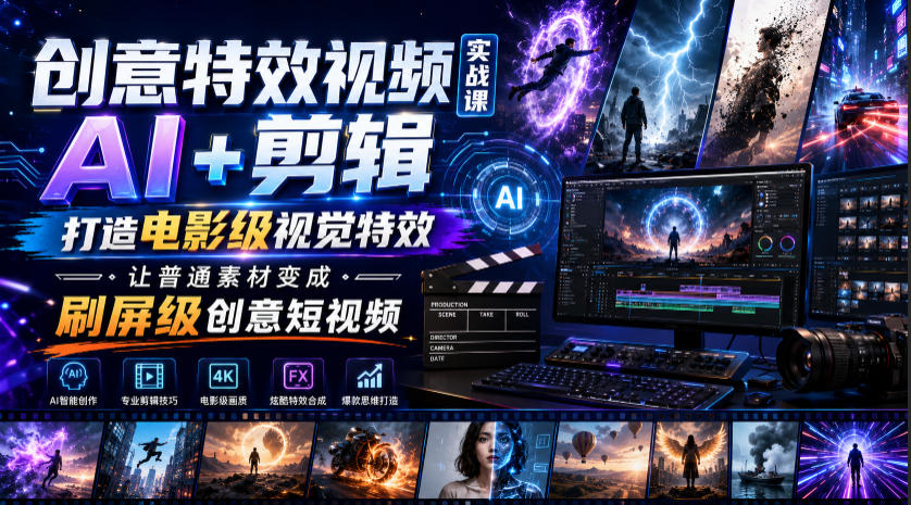 创意特效视频实战课,AI+剪辑打造电影级视觉特效,让普通素材变成刷屏级创意短视频-91副业网