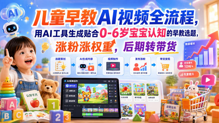 儿童早教AI视频全流程，用AI工具生成贴合0-6岁宝宝认知的早教选题，涨粉涨权重，后期转带货-91副业网
