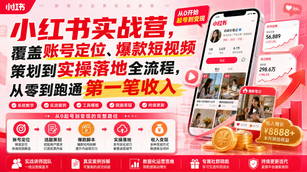 小红书实战营，覆盖账号定位、爆款短视频策划到实操落地全流程，从零到跑通第一笔收入-91副业网