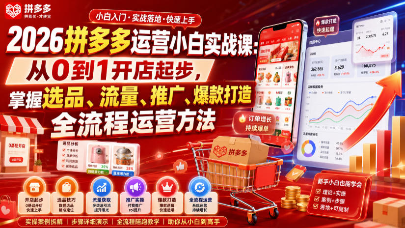 2026拼多多运营小白实战课：从0到1开店起步，掌握选品、流量、推广、爆款打造全流程运营方法-91副业网