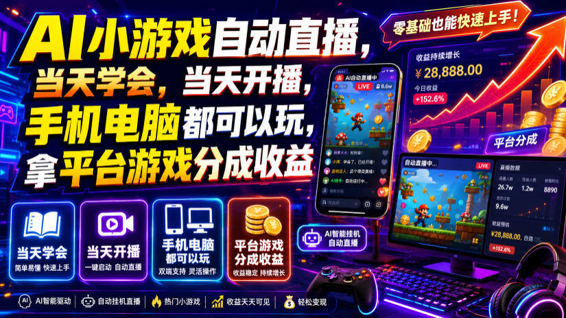 AI小游戏自动直播，当天学会，当天开播，手机电脑都可以玩，拿平台游戏分成收益-91副业网