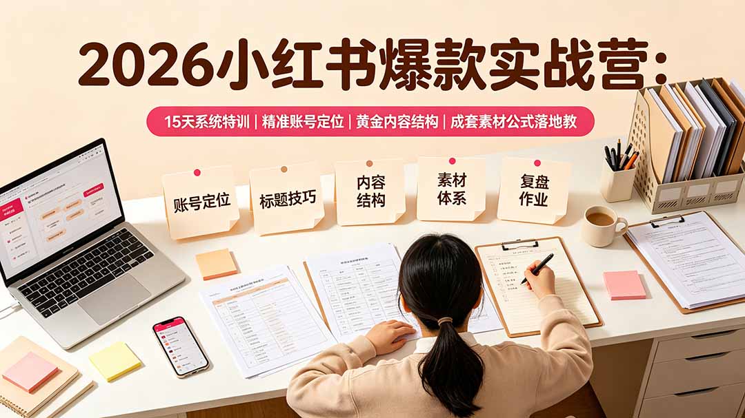 2026小红书爆款实战营：15天系统特训｜精准账号定位｜黄金内容结构｜成套素材公式落地教程-91副业网