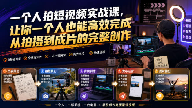 一个人拍短视频实战课，让你一个人也能高效完成从拍摄到成片的完整创作-91副业网