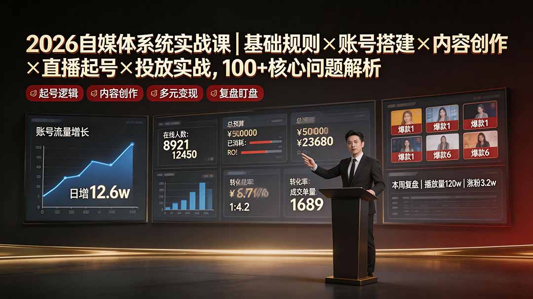 2026自媒体系统实战课｜基础规则×账号搭建×内容创作×直播起号×投放实战，100+核心问题解析-91副业网