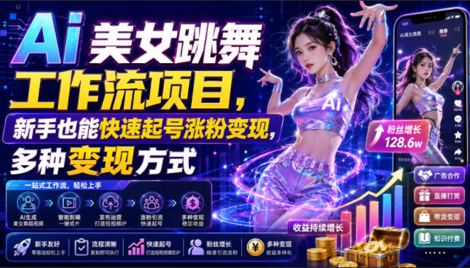Ai美女跳舞工作流项目，新手也能快速起号涨粉变现，多种变现方式-91副业网