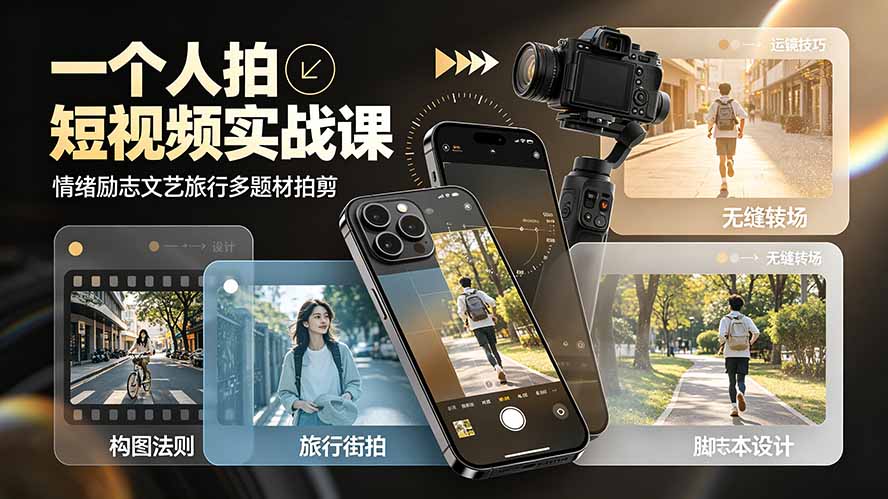 一个人拍短视频实战课：情绪励志文艺旅行多题材×五大景别×黄金构图×八大运镜，从拍摄到成片高效创作-91副业网