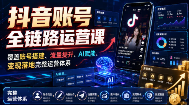 抖音账号全链路运营课，覆盖账号搭建、流量提升、AI赋能、变现落地完整运营体系-91副业网