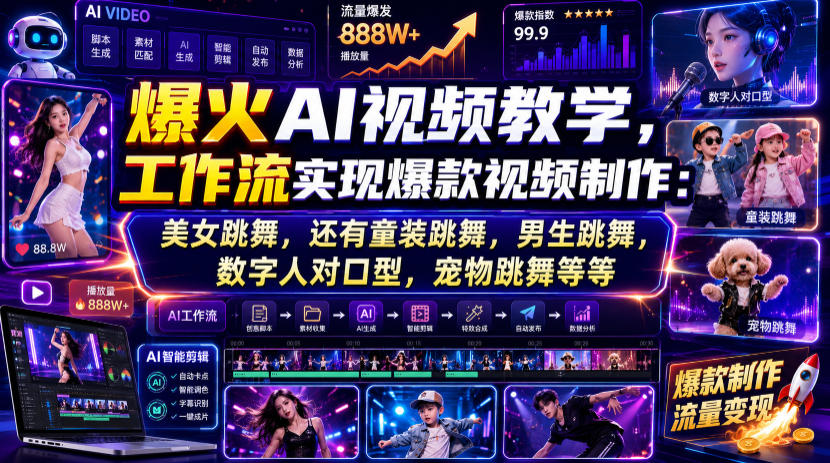 爆火AI视频教学,工作流实现爆款视频制作:美女跳舞,还有童装跳舞,男生跳舞,数字人对口型,宠物跳舞等等-91副业网