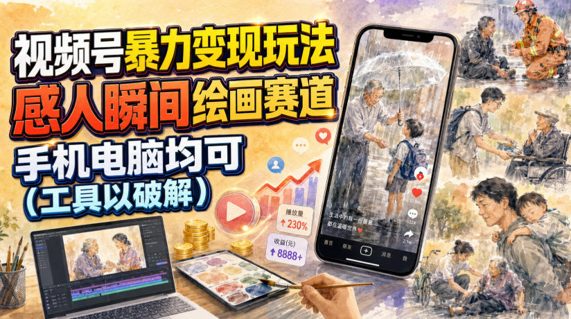视频号暴力变现玩法，感人瞬间绘画赛道，手机电脑均可-91副业网