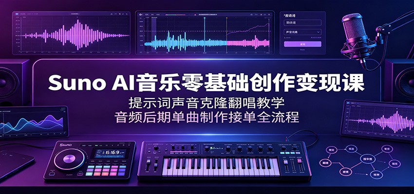 Suno AI音乐零基础创作变现课：提示词声音克隆翻唱教学，音频后期单曲制作接单全流程-91副业网