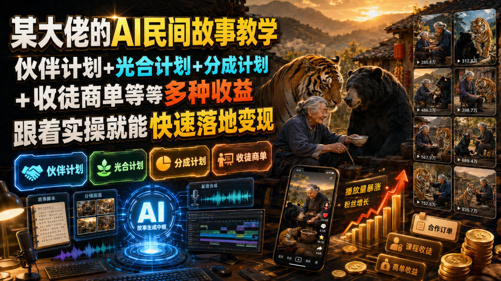 某大佬的AI民间故事教学，伙伴计划+光合计划+分成计划+收徒商单等多种收益，跟着实操就能快速落地变现-91副业网