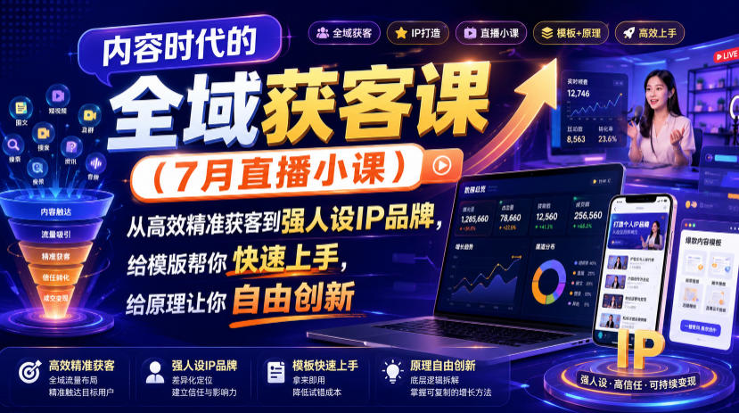 内容时代的全域获客课(7月直播小课)，从高效精准获客到强人设IP品牌，给模版帮你快速上手，给原理让你自由创新-91副业网