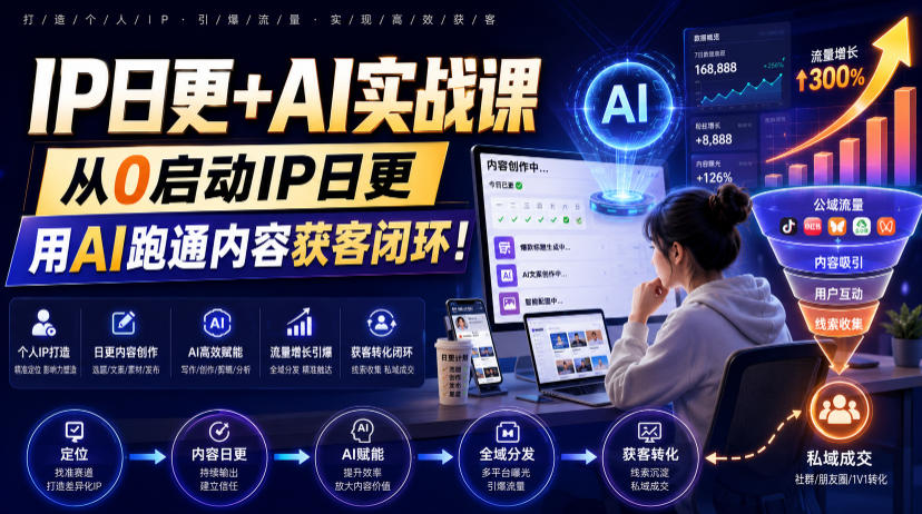 IP日更+AI实战课，从0启动IP日更，IP置顶视频制作+100条选题库搭建+10条日更规划，用AI跑通内容获客闭环!-91副业网