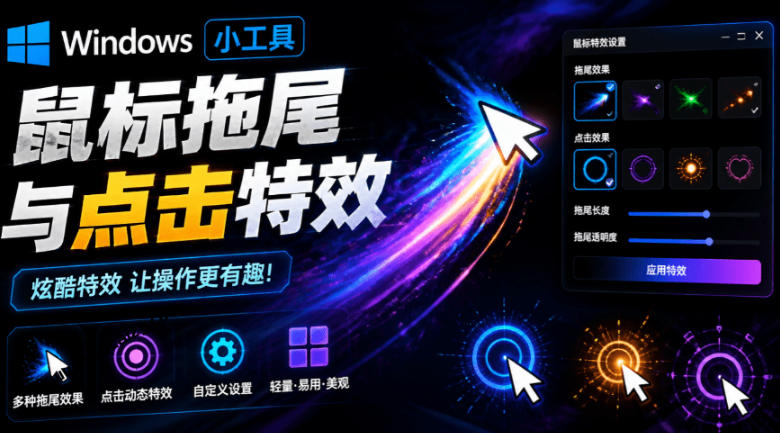 Windows特效小工具！一键给你的鼠标添加拖尾与点击动态特效，吾爱出品，免费使用Mouse Trail-91副业网