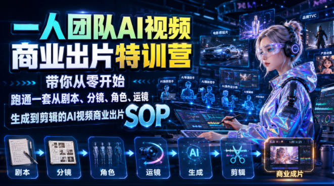 一人团队AI视频商业出片实战课:带你从零开始跑通一套从剧本、分镜、角色、运镜、生成到剪辑的AI视频商业出片SOP-91副业网
