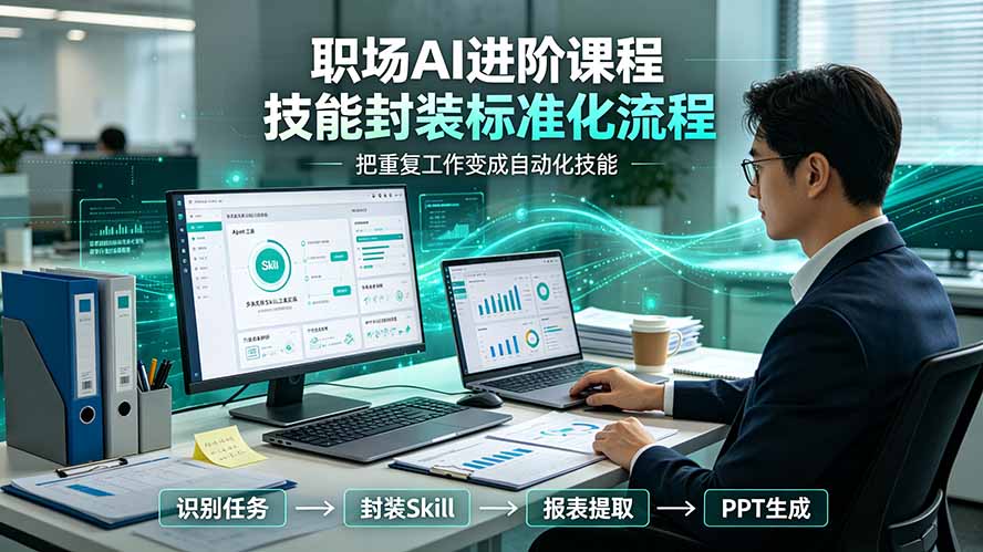 职场AI进阶课程；多类实用Skill工具实操，专属技能封装标准化流程，报表行业报告一键提取核心内容-91副业网