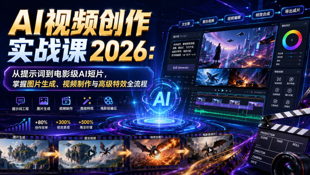 AI视频创作实战课2026：从提示词到电影级AI短片，掌握图片生成、视频制作与高级特效全流程-91副业网
