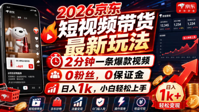 2026京东短视频带货最新玩法，2分钟一条爆款视频，0粉丝，0保证金，日入1k，小白轻松上手【揭秘】-91副业网