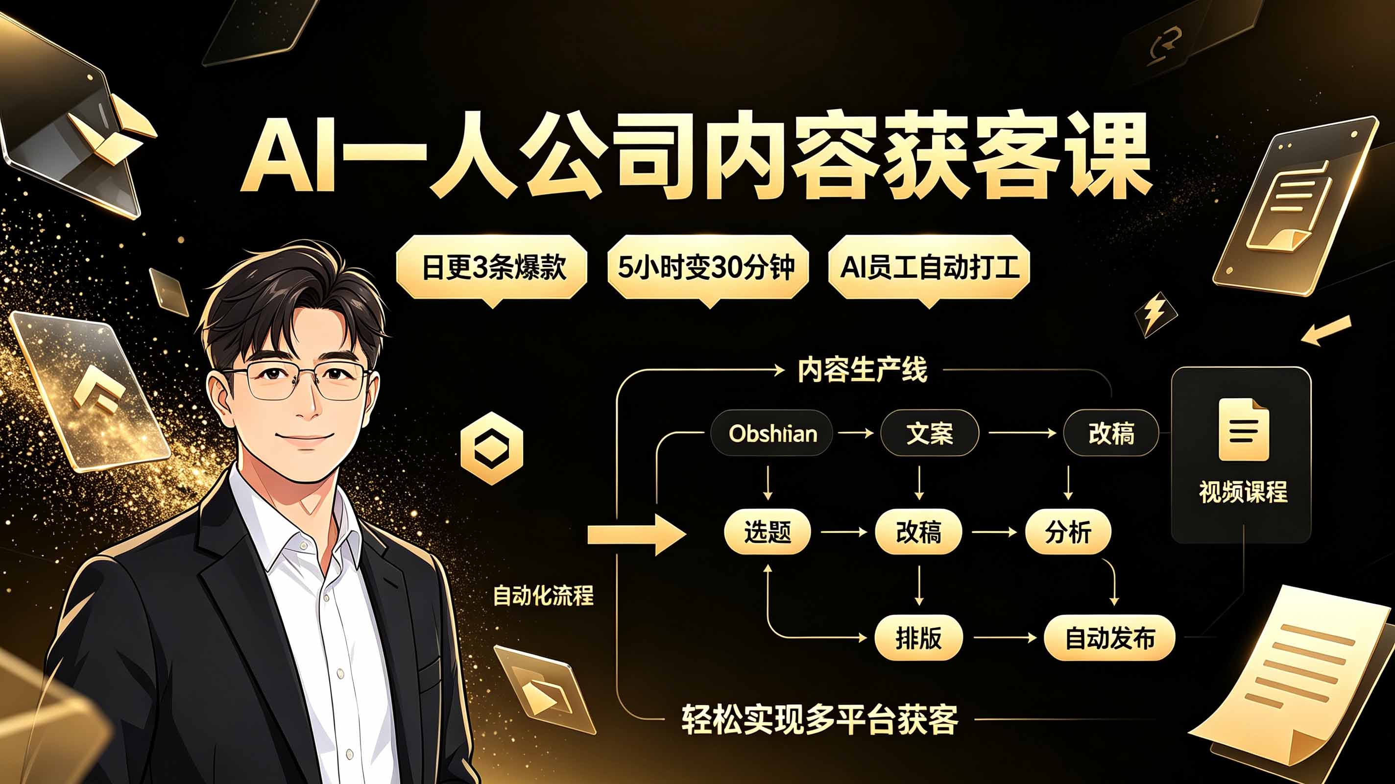 AI一人公司内容获客课：日更3条爆款×5小时变30分钟×AI员工自动打工，轻松实现多平台获客-91副业网