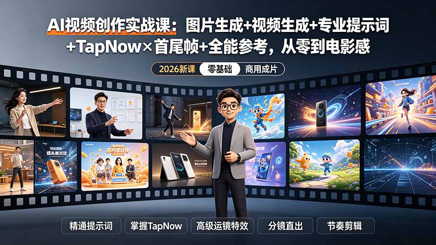 AI视频创作实战课:图片生成+视频生成+专业提示词+TapNow×首尾帧+全能参考,从零到电影感成片-91副业网