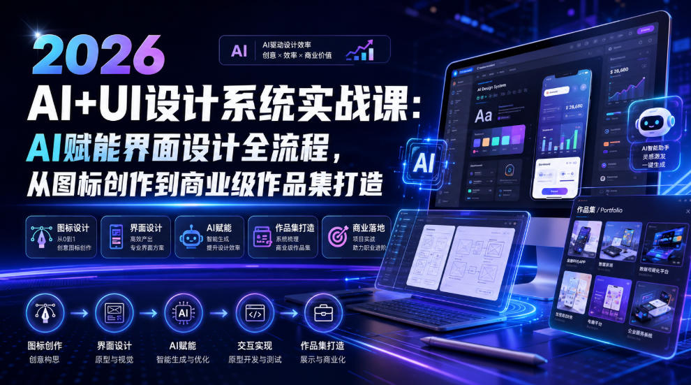 2026 AI+UI设计系统实战课：AI赋能界面设计全流程，从图标创作到商业级作品集打造-91副业网