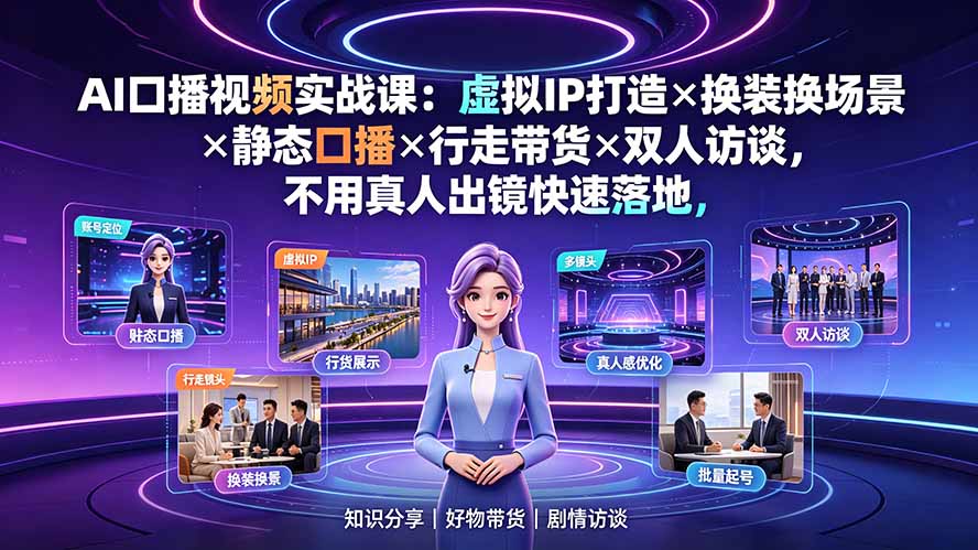 AI口播视频实战课:虚拟IP打造×换装换场景×静态口播×行走带货×双人访谈,不用真人出镜快速落地-91副业网