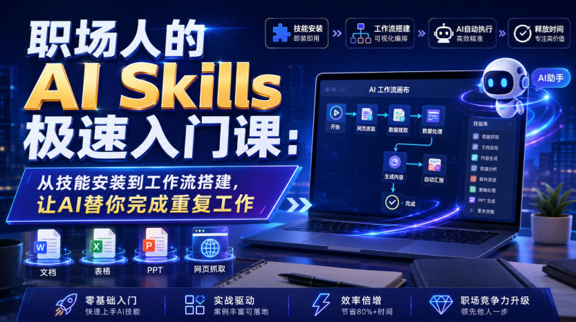 职场人的AI Skills极速入门课：从技能安装到工作流搭建，让AI替你完成重复工作-91副业网