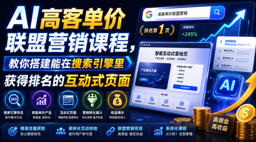 AI高客单价联盟营销课程,教你搭建能在搜索引擎里获得排名的互动式页面,引来流量,把访客转化为高佣金的成交【原创双语字幕】-91副业网