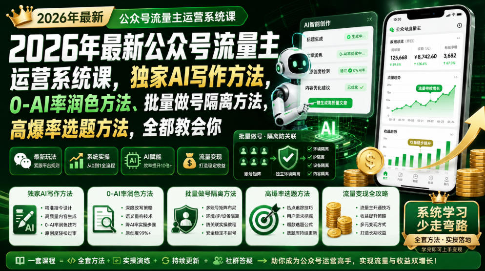 2026年最新公众号流量主运营系统课,独家AI写作方法,0-AI率润色方法、批量做号隔离方法、高爆率选题方法,全都教会你-91副业网