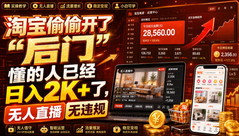 淘宝偷偷开了“后门”，懂的人已经日入2K+了，无人直播无违规，一台电脑=一家24小时营业的线上门店【揭秘】-91副业网