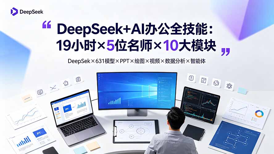 DeepSeek+AI办公全技能:19小时×5位名师×10大模块,DeepSeek×631模型×PPT×绘图×视频×数据分析×智能体-91副业网