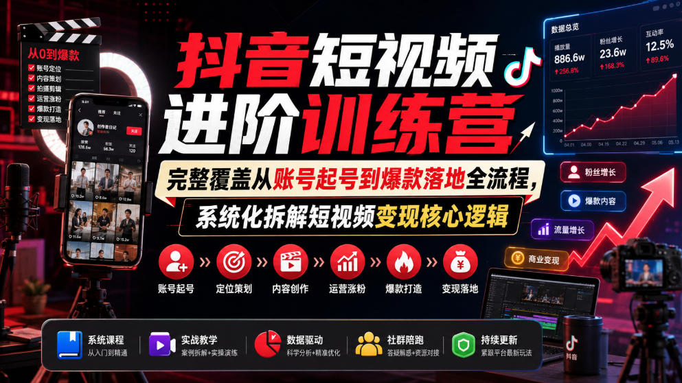抖音短视频进阶训练营，完整覆盖从账号起号到爆款落地全流程，系统化拆解短视频变现核心逻辑-91副业网