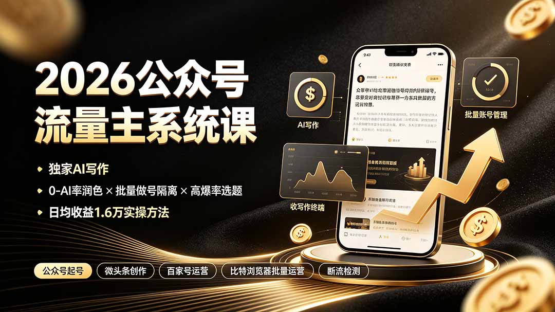 2026公众号流量主系统课：独家AI写作×0-AI率润色×批量做号隔离×高爆率选题，日均收益1.6万实操方法-91副业网