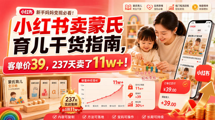 小红书卖蒙氏育儿干货指南,客单价39,237天卖了11w+!-91副业网