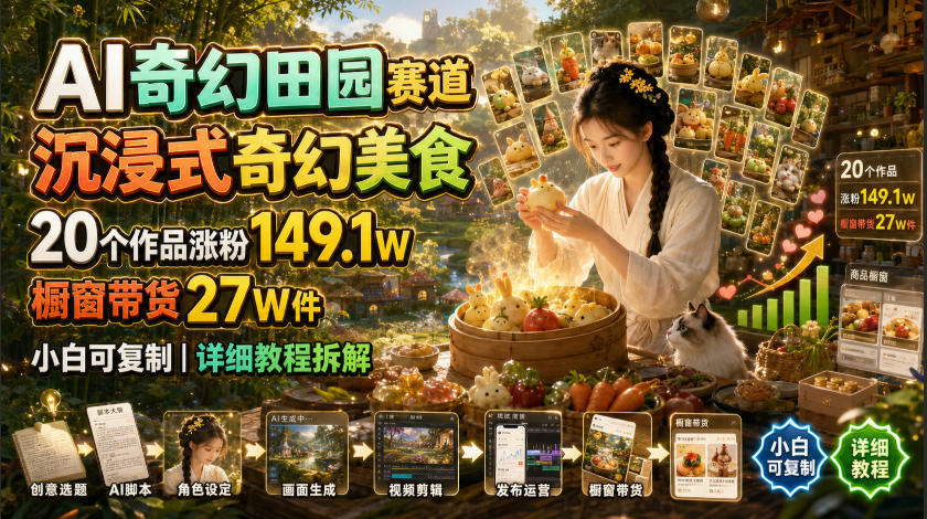 AI奇幻田园赛道,沉浸式奇幻美食,20个作品涨粉149.1W,橱窗带货27W件,小白可复制,详细教程拆解-91副业网