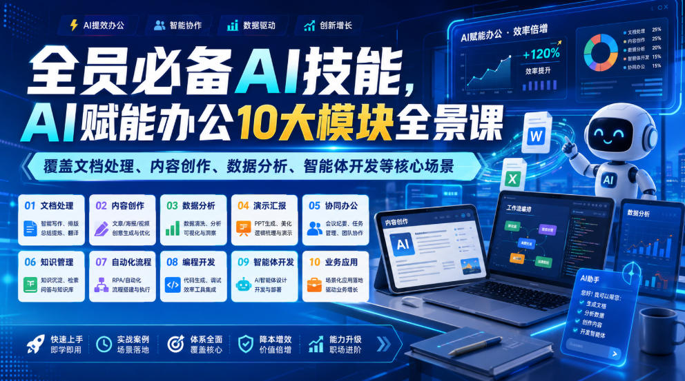 全员必备AI技能,AI赋能办公10大模块全景课,覆盖文档处理、内容创作、数据分析、智能体开发等核心场景-91副业网