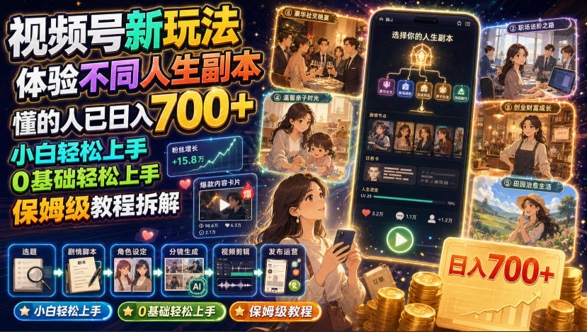 视频号新玩法体验不同人生副本,懂的人已日入700+,小白轻松上手,0基础轻松上手,保姆级教程拆解-91副业网