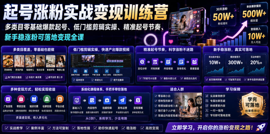 苗子起号涨粉实战变现训练营,多类目零基础爆款起号、精准起号节奏、新手稳涨粉可落地变现全课(更新0719)-91副业网