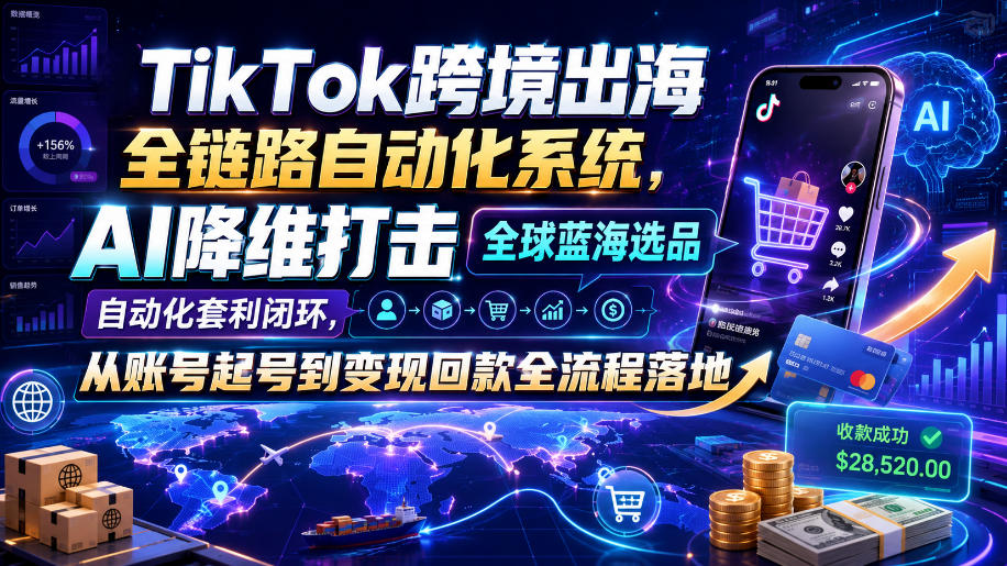 TikTok跨境出海全链路自动化系统,AI降维打击全球蓝海选品自动化套利闭环,从账号起号到变现回款全流程落地(2026年7月)-91副业网