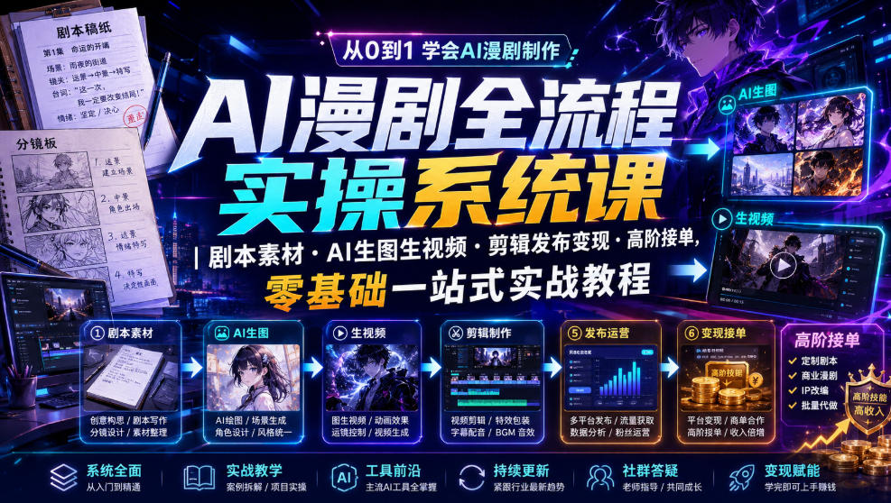 AI漫剧全流程实操系统课|剧本素材・AI生图生视频・剪辑发布变现・高阶接单,零基础一站式实战教程-91副业网