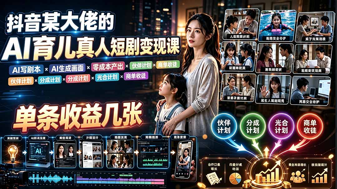 AI育儿真人短剧变现课:AI写剧本×AI生成画面×零成本产出×伙伴计划×分成计划×光合计划×商单收徒-91副业网